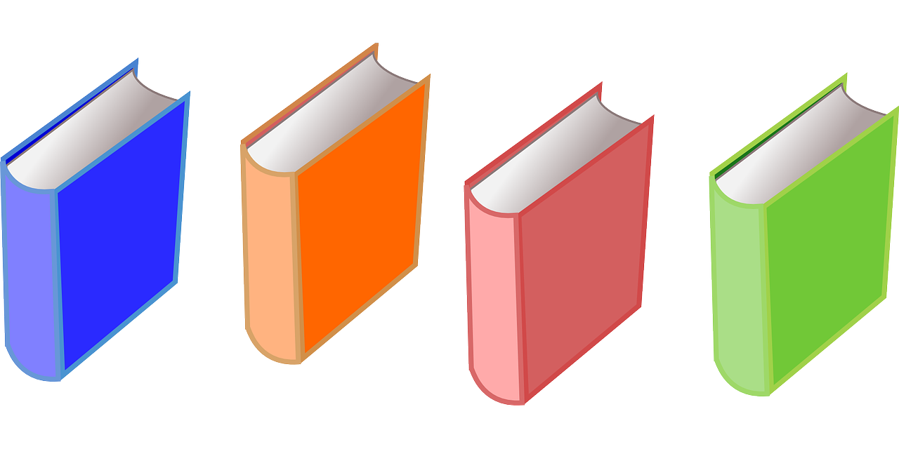 four different colored books on a white background, a storybook illustration, ( ( isometric ) ), pink and orange colors, wikihow illustration, top and side view