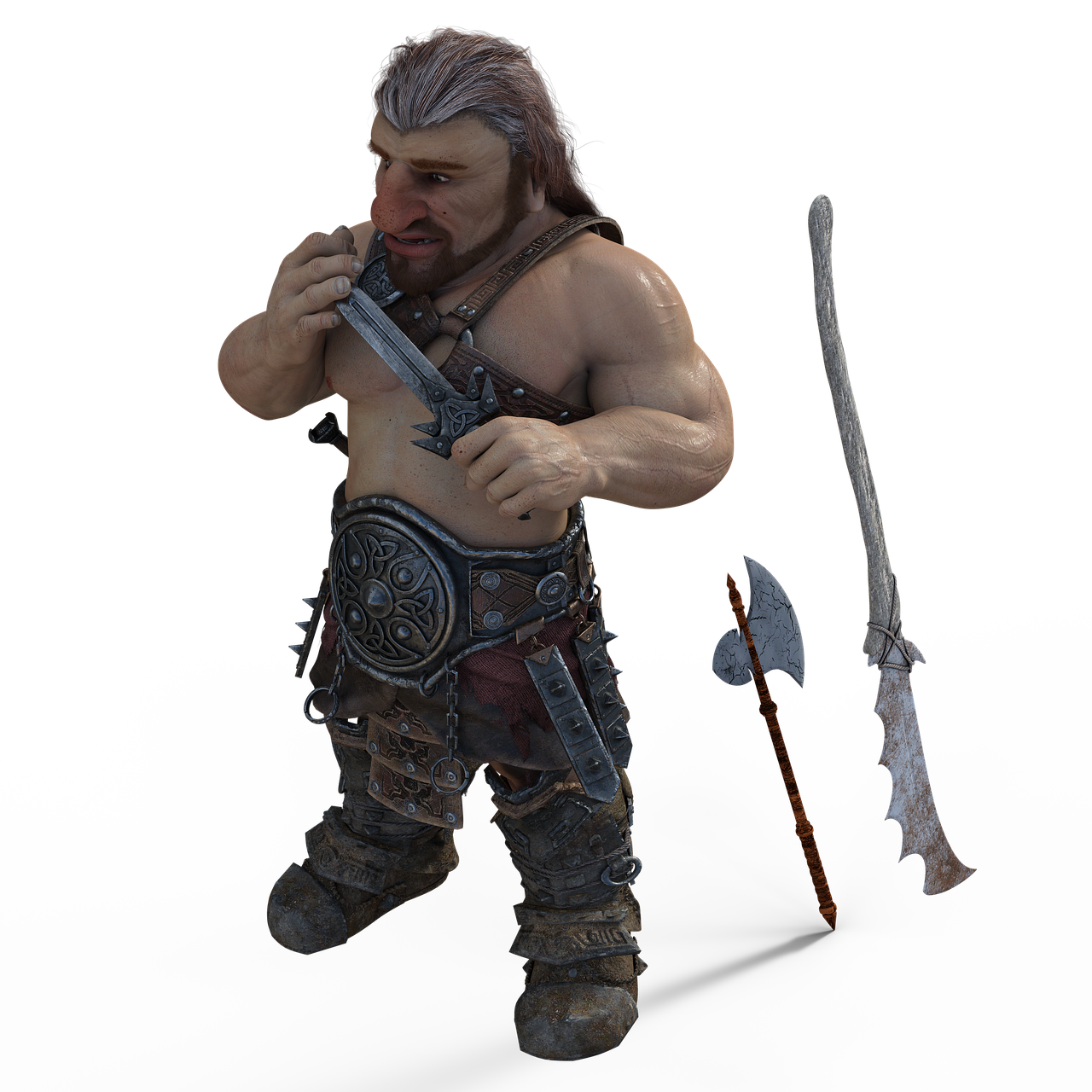 a close up of a person with a sword, inspired by János Saxon-Szász, polycount contest winner, wearing barbarian caveman pelt, realistic rock figurine, ingame image, holding scimitar made of bone