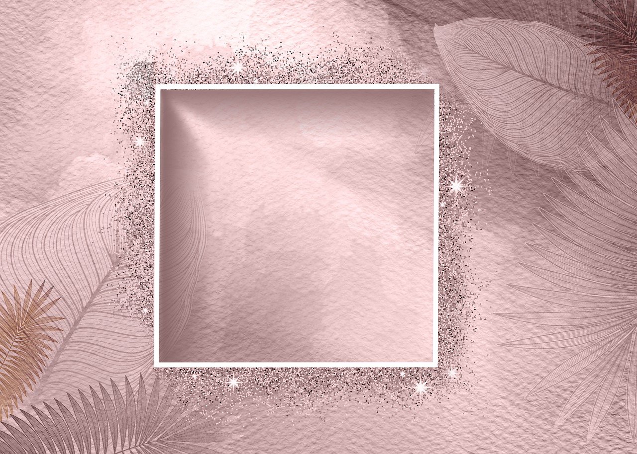 a square frame surrounded by leaves on a pink background, a digital rendering, art deco, glittering and soft, with reflection and textures, taupe, powder