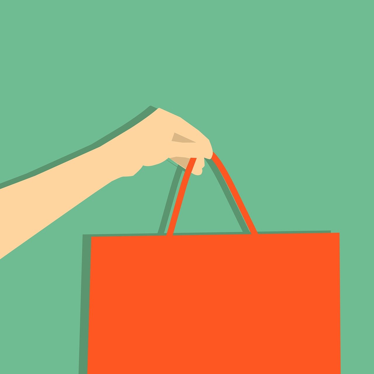 a hand holding a red shopping bag on a green background, an illustration of, orange color tone, poster illustration, minimalistic illustration, showcase