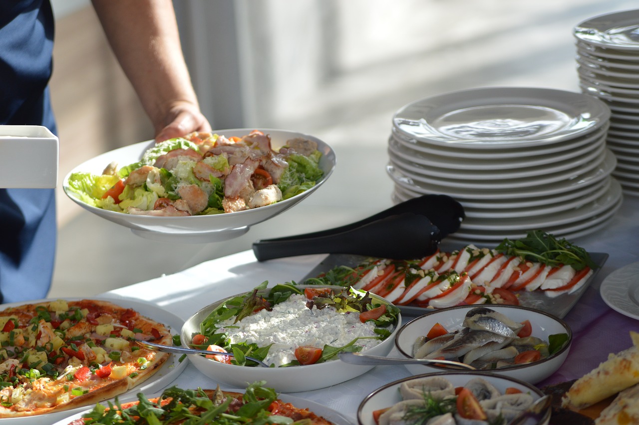 a table topped with lots of different types of food, a photo, by Helen Dahm, shutterstock, salad and white colors in scheme, prawn, overflowing feast buffet table, restaurant menu photo