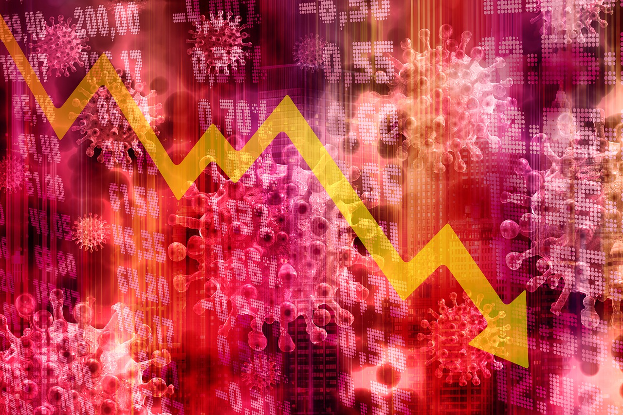 a close up of a bunch of flowers with a chart in the background, a photo, excessivism, virus, chains and red fluid background, trading stocks, covid