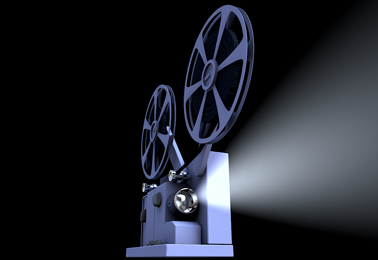 a movie projector sitting on top of a table, by Krzysztof Boguszewski, pixabay, video art, ( ( stage lights ) ), fan art, istock, in front of a black background