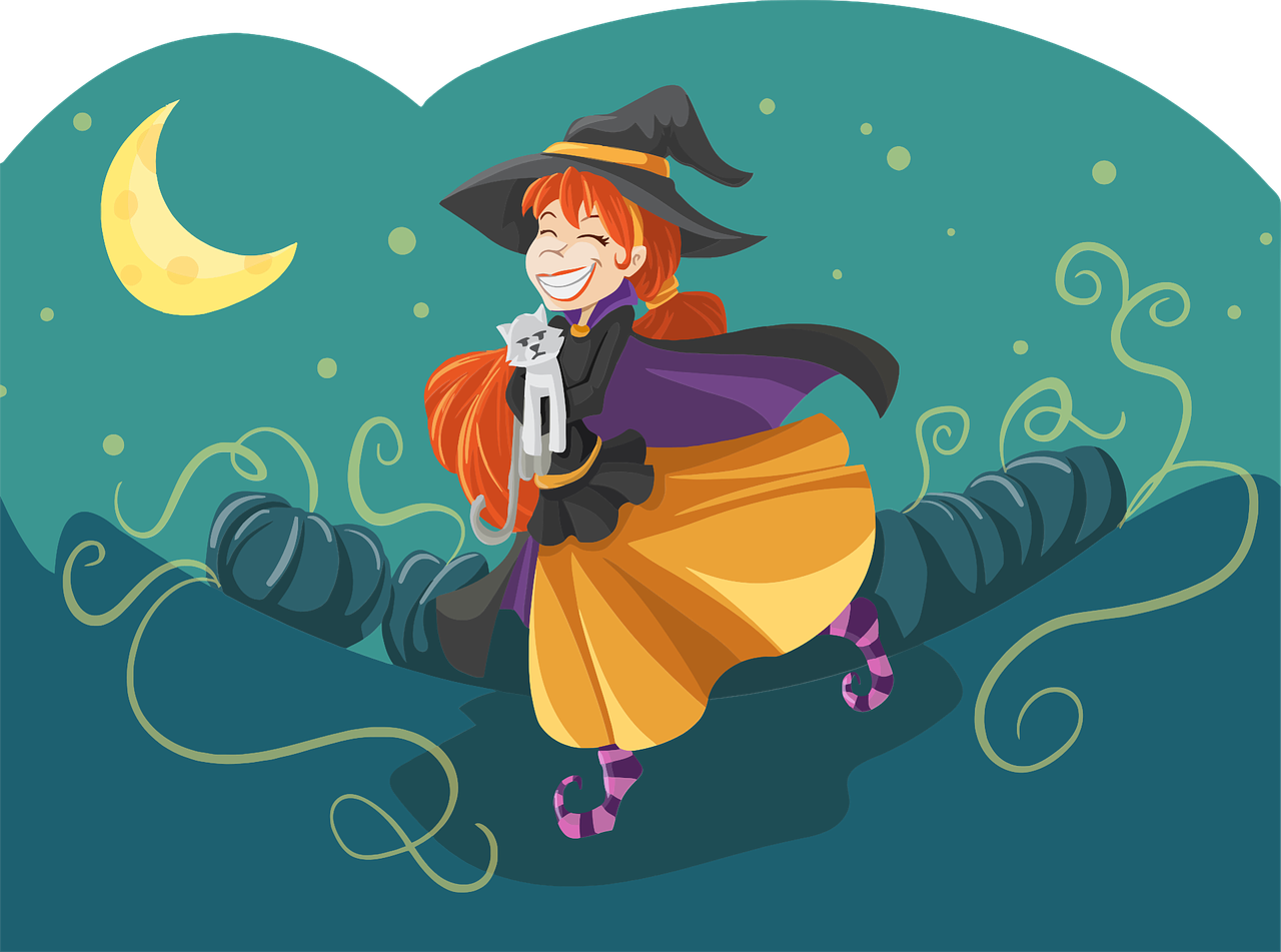 a girl in a witch costume holding a cat, a storybook illustration, shutterstock, felicia day, no gradients, background image, bottom angle