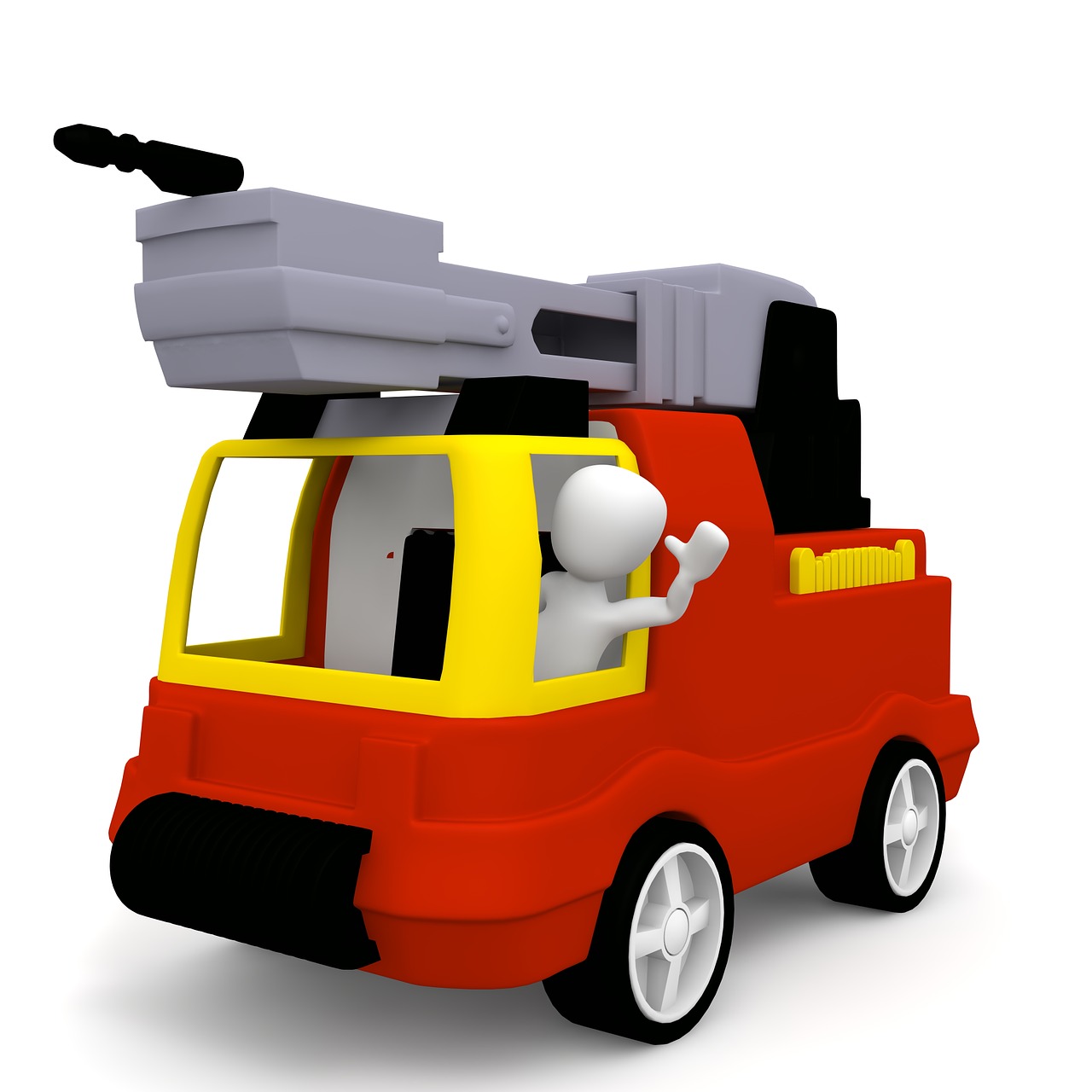 a 3d character sitting in the back of a fire truck, a digital rendering, plastic toy, high res photo