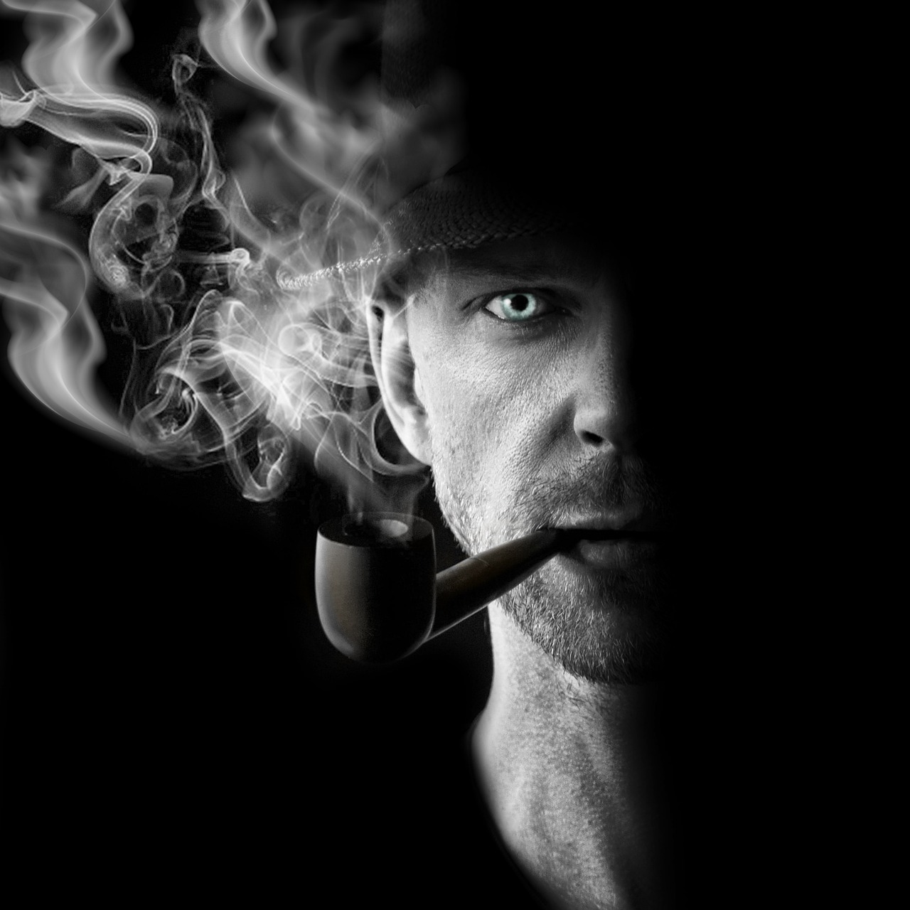 a black and white photo of a man smoking a pipe, digital art, inspired by Yousuf Karsh, pixabay contest winner, digital art, tom waits as hellboy, angel is split in two with smoke, portrait of sherlock holmes, symmetry!! portrait of hades