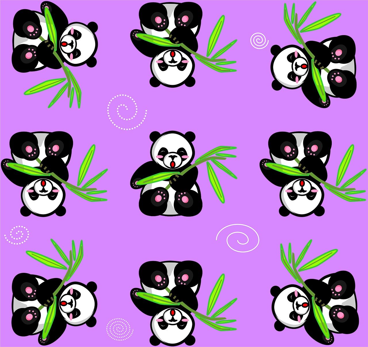 panda bears eating bamboo leaves on a purple background, a digital rendering, inspired by Luo Ping, sōsaku hanga, repeating, aaaaaaaaaaaaaaaaaaaaaa, vector images, sugar glider