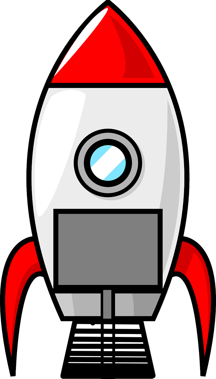 a red and white rocket ship on a black background, vector art, by Tom Carapic, pixabay, pixel art, 60's cartoon-space helmet, close up front view, diaper disposal robot, on a white background