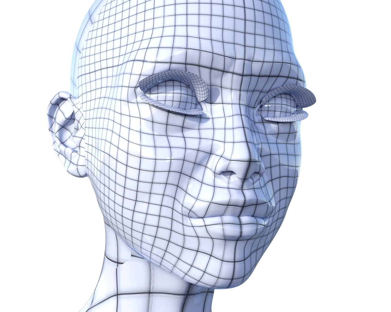 a close up of a head of a person, a raytraced image, digital art, wireframe, high res eautiful lighting, female android, blender model