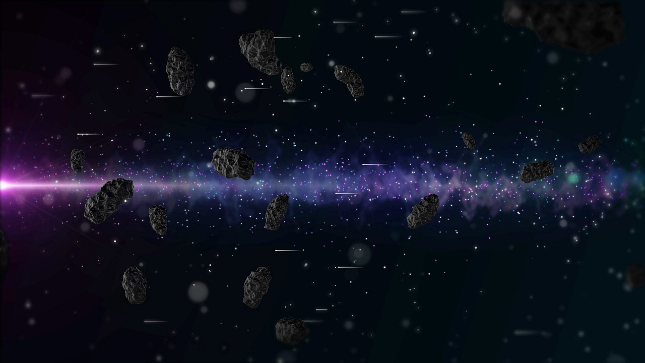 a group of asteroids that are flying through the sky, space art, cosmic void background, detailed 2d illustration, the structure of galaxy, space quantum death. deep space