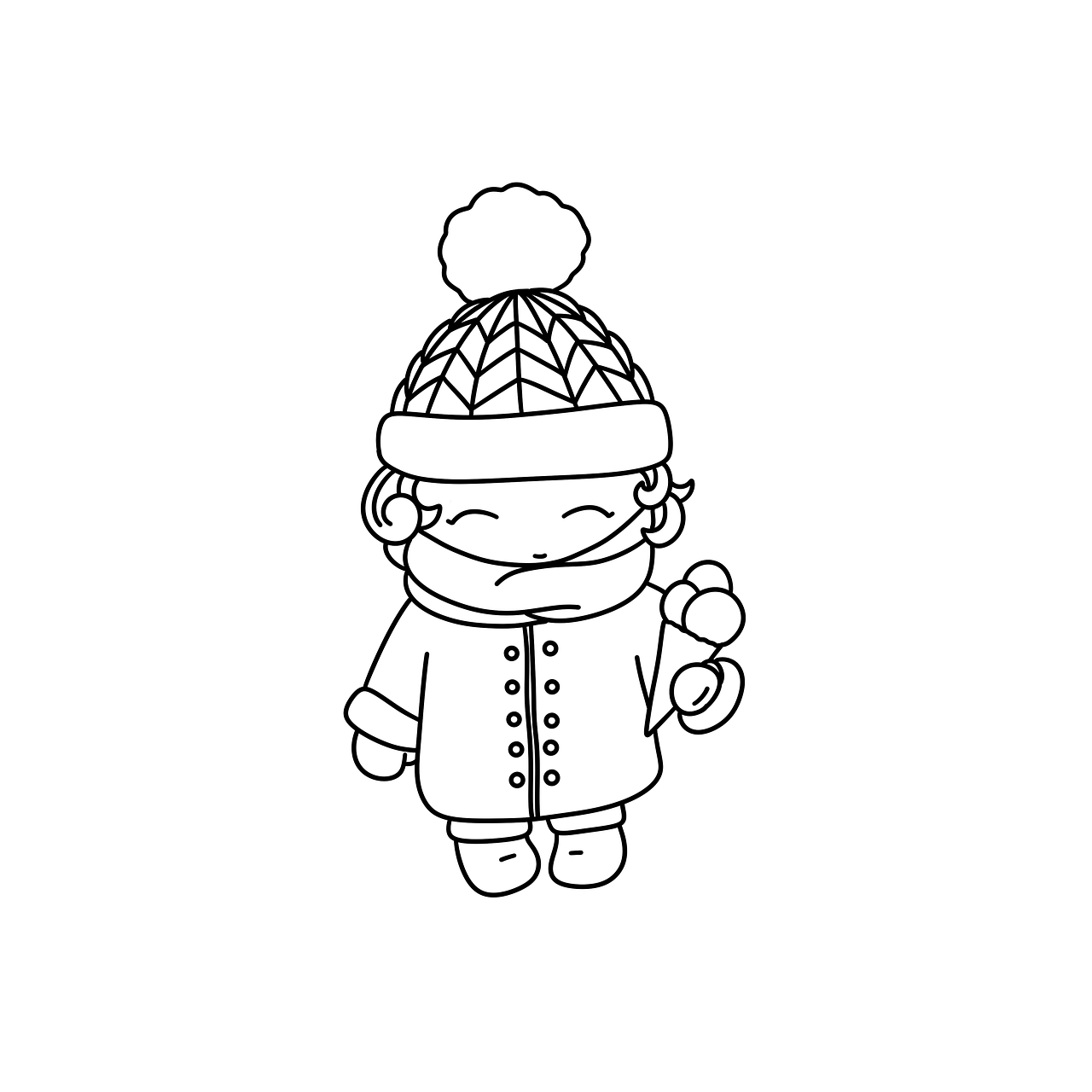 a person in a hat and coat holding an apple, lineart, by Kanbun Master, pexels, (3 are winter, cute toy, black and white vector, traditional drawing style