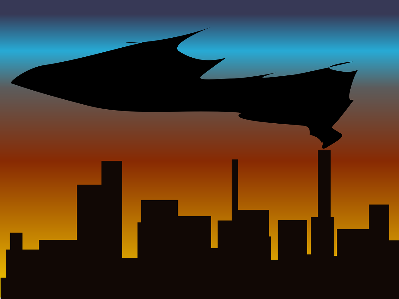 a silhouette of a batman flying over a city, vector art, by Matthew D. Wilson, digital art, “fire breathing dragon, zeppelin in the air, set photo, tokio futuristic in background