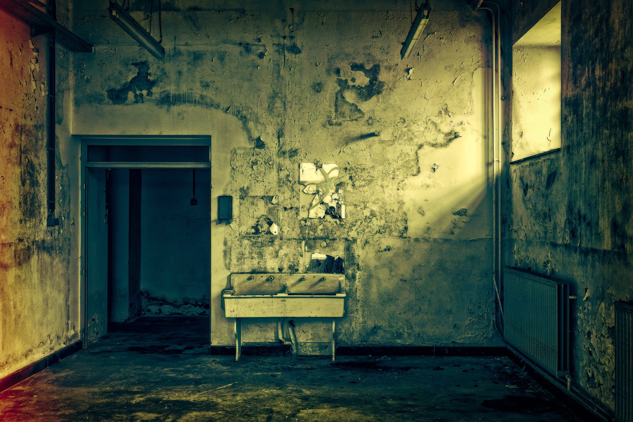 a dirty room with a sink in it, flickr, minimalism, dramatic lighting))), hospital background, old couch, back - lit