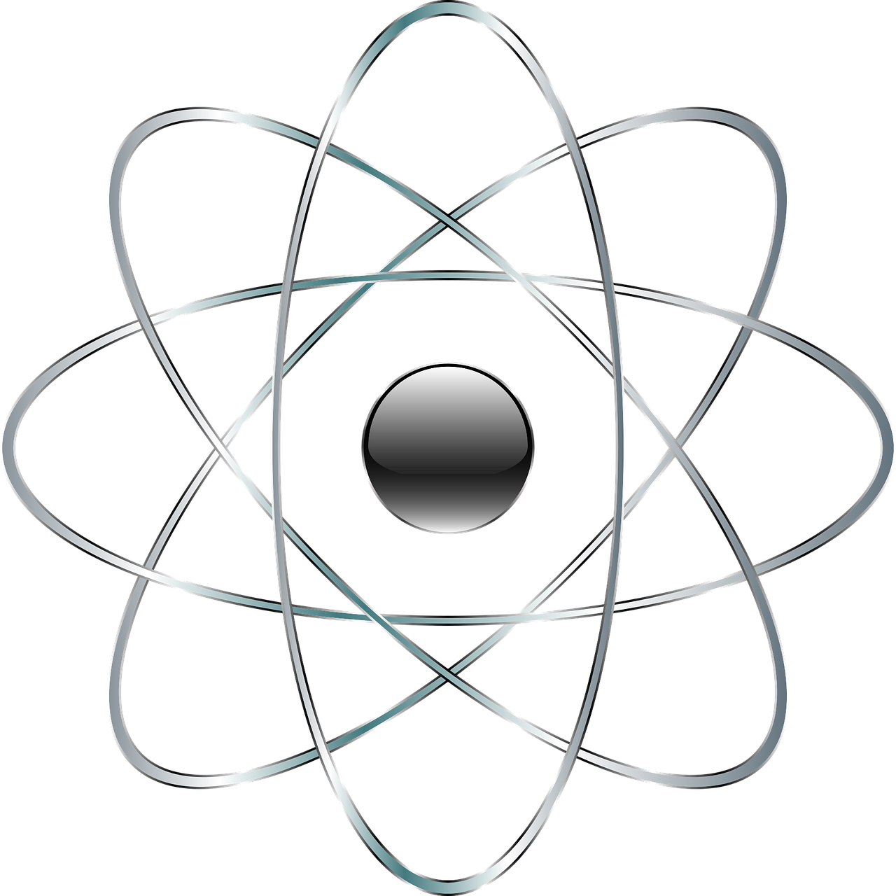 an atomic symbol on a black background, by Mirko Rački, silver, plutus su, intelligent design, utility