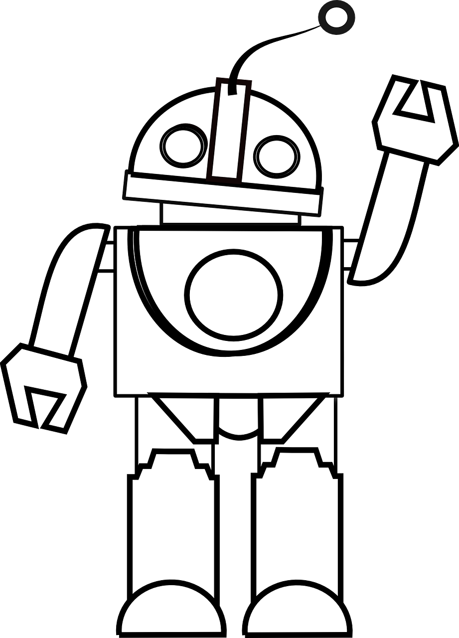 a black and white image of a robot, vector art, inspired by Oskar Schlemmer, pixabay contest winner, constructivism, white outline, [ cosmic, lego, orthodox