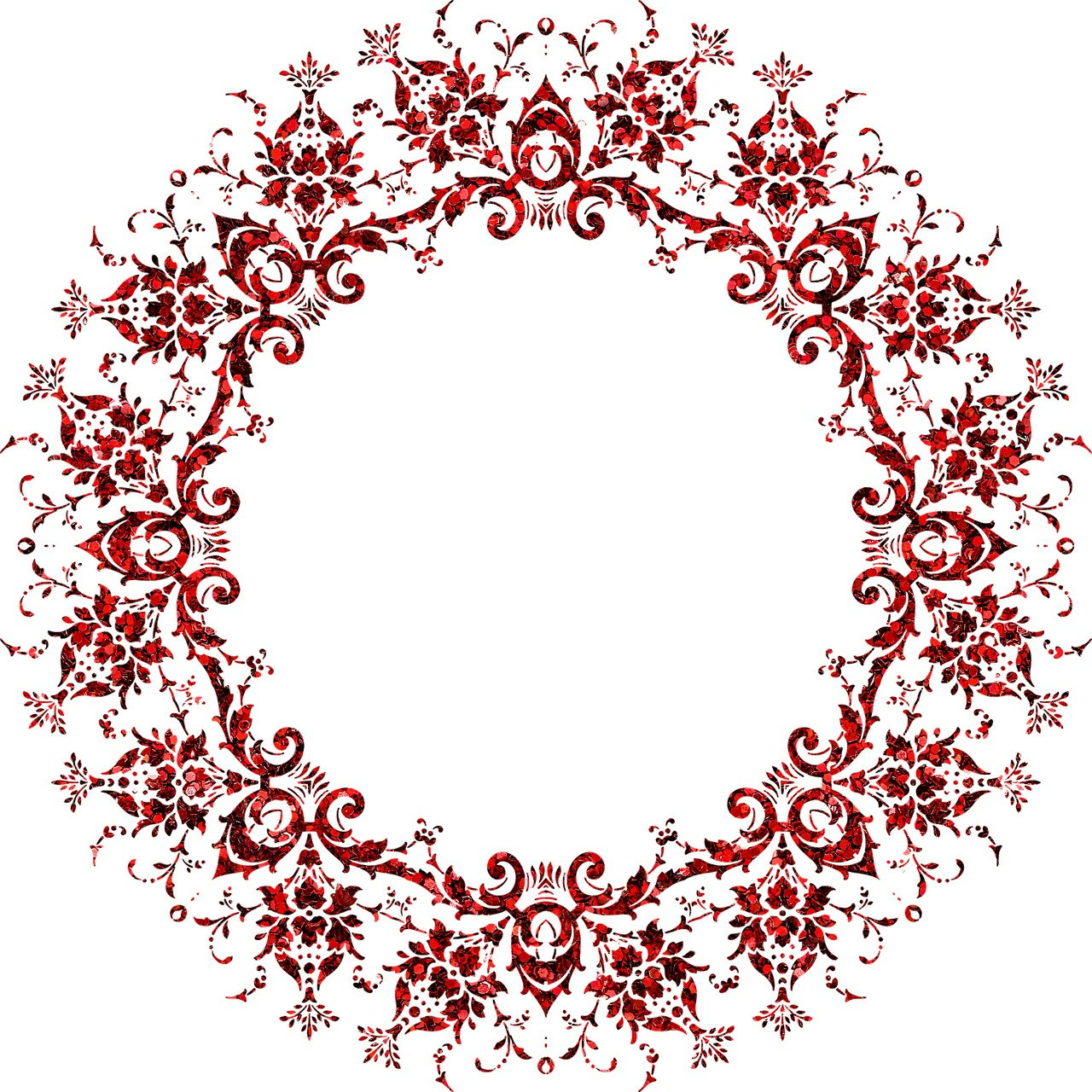a red floral frame on a white background, a digital rendering, pixabay, arabesque, round format, intricate embroidery, detailed lacework, slightly pixelated
