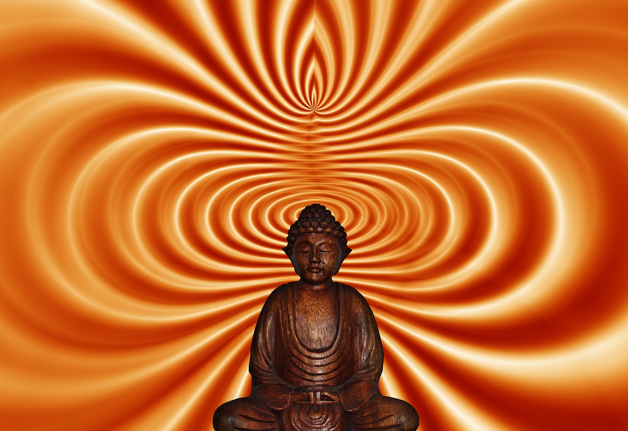a buddha statue sitting in front of a spiral background, a digital rendering, psychedelic art, high res photo, 70s photo, full length photo, full subject shown in photo