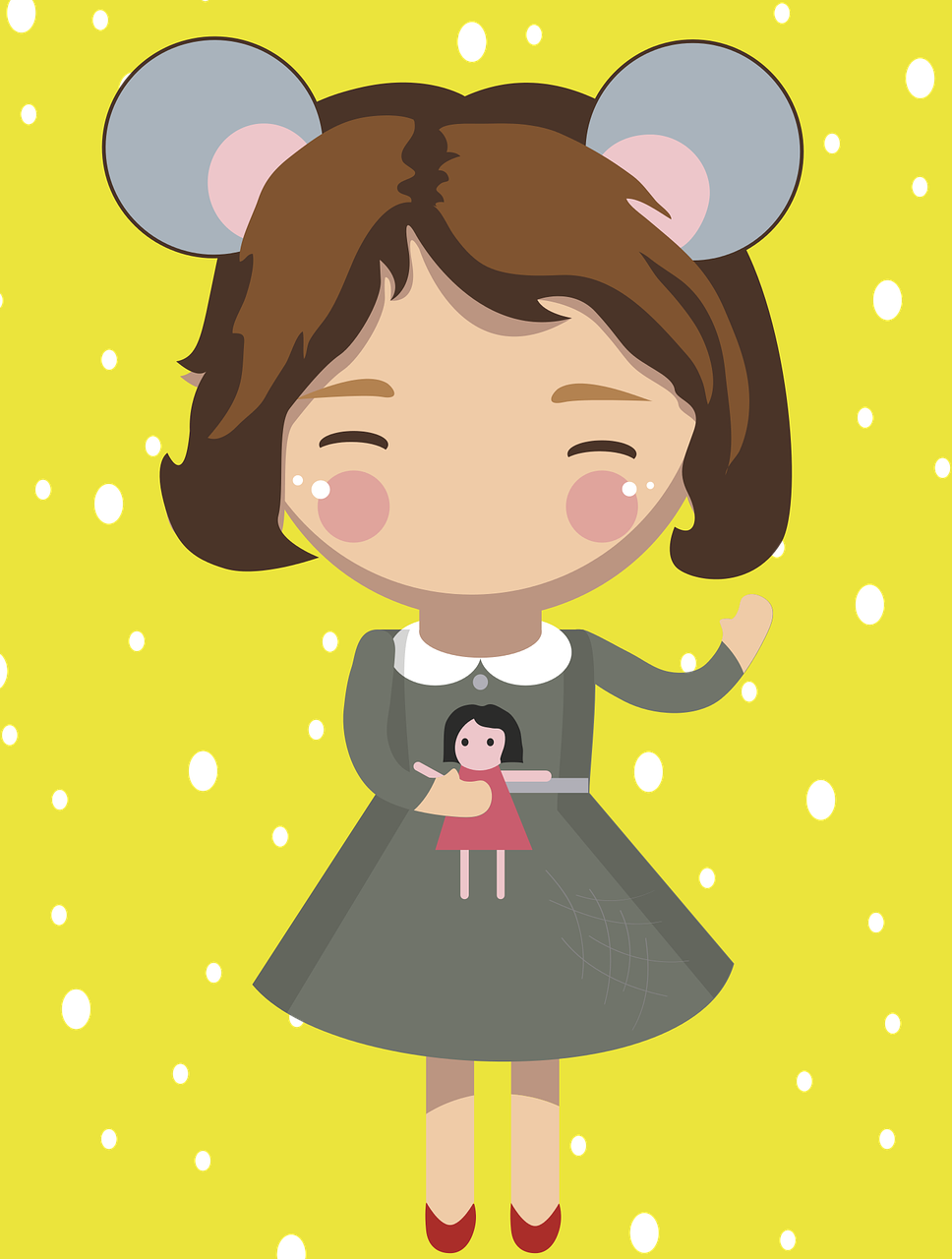 a little girl in a dress holding a doll, a picture, inspired by Takehisa Yumeji, cute mouse pokemon, simple cartoon style, mrs bean, with yellow cloths