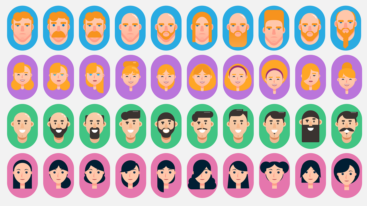 a group of people with different facial expressions, a character portrait, rounded shapes, flat vibrant colors, soft oval face, bearded
