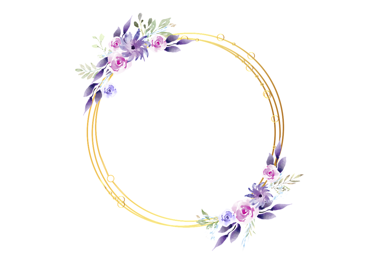 a gold frame with purple flowers on a black background, a digital rendering, gold gilded circle halo, more and more composision, jewlery, profile pic