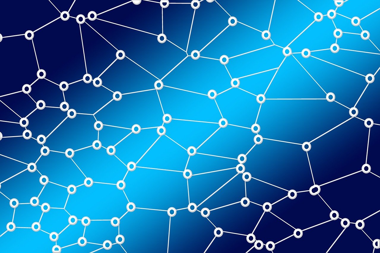 a bunch of white circles on a blue background, a digital rendering, connections, detailed vector, diamond chain, silicon and carbon