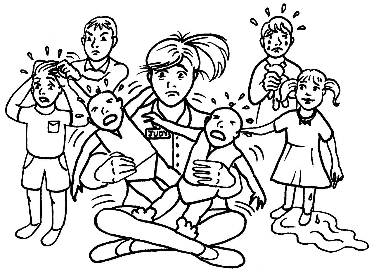 a black and white drawing of a group of children, a cartoon, shock art, mom, dominance, black and white coloring, emergency