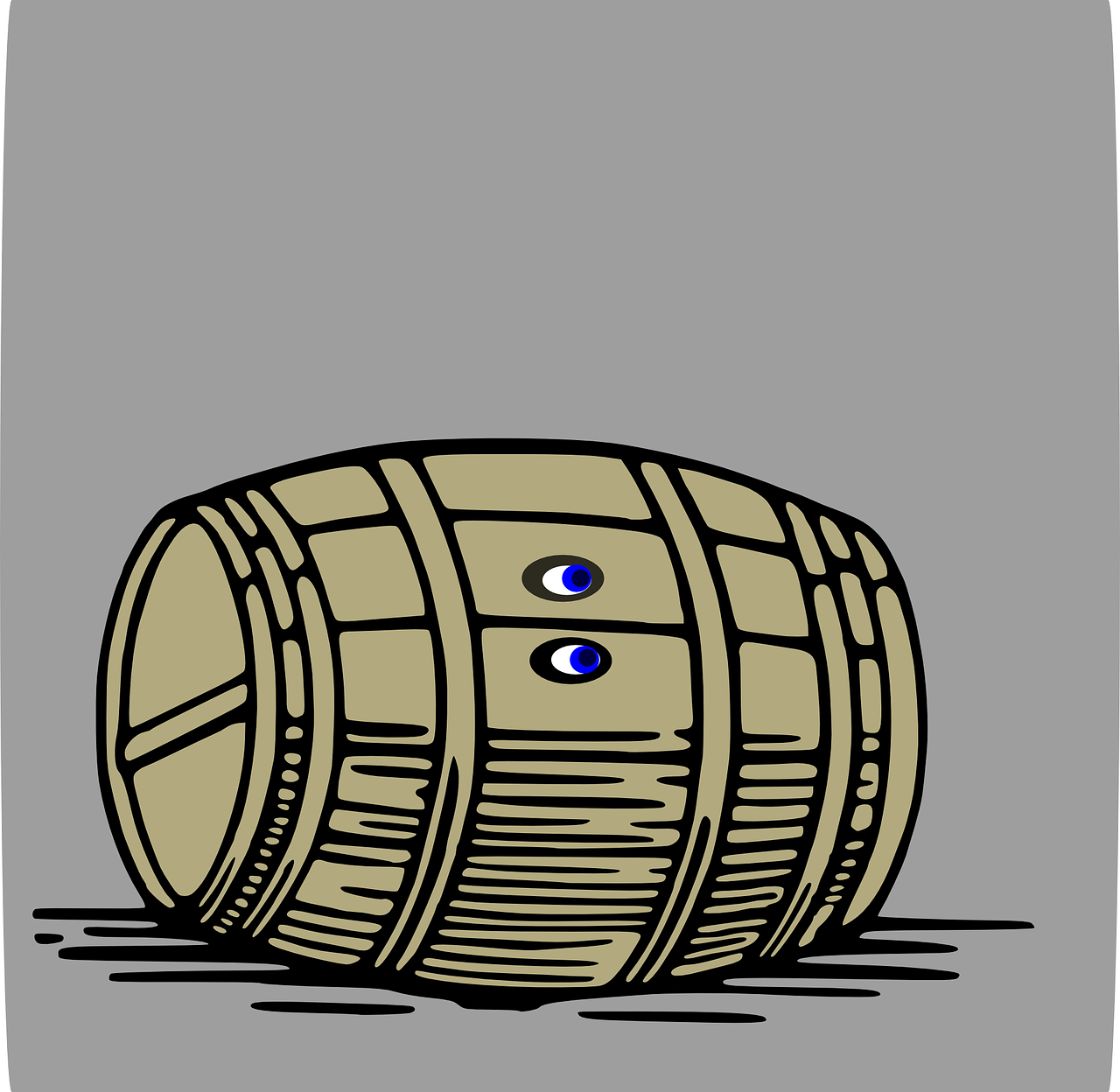 a wooden barrel with a blue eye on it, a digital rendering, deviantart, conceptual art, colored woodcut, movie scene, snapchat photo, very humorous illustration
