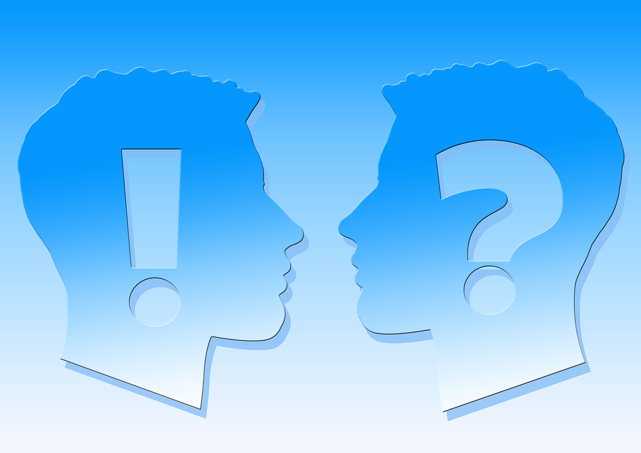 two heads facing each other with a question mark in the middle, an illustration of, with a blue background, people's silhouettes close up, symmetrical face illustration, english