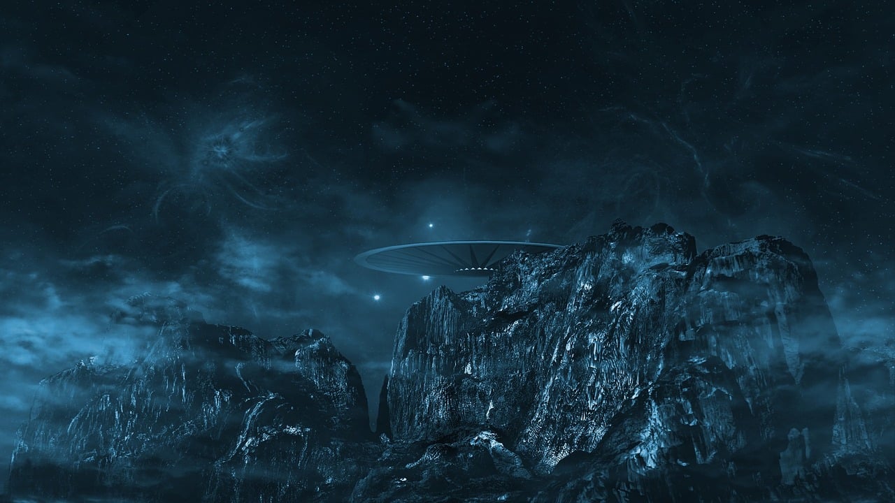 a spaceship flying over a mountain under a cloudy sky, cg society contest winner, space art, blue night, planet with rings, mobile wallpaper, still frame from prometheus