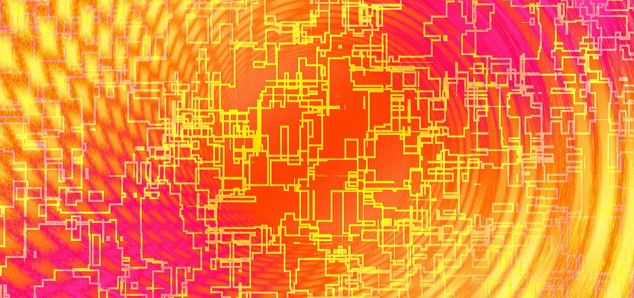 a close up of a computer chip on a colorful background, digital art, gradient yellow to red, maze of streets, background with complex patterns, hedgemaze