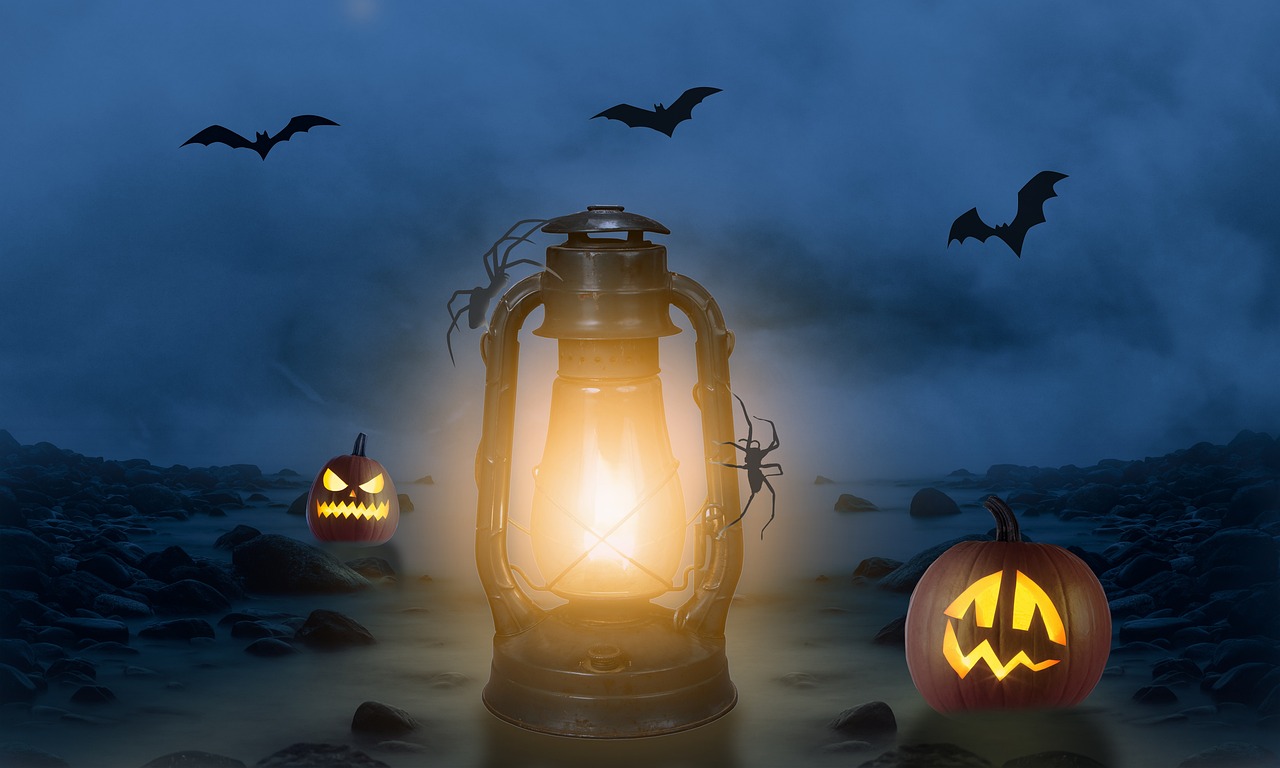 a lantern sitting on top of a beach next to pumpkins, digital art, shutterstock, digital art, scary lighting, gas lamps, banner, with photorealistic lighting