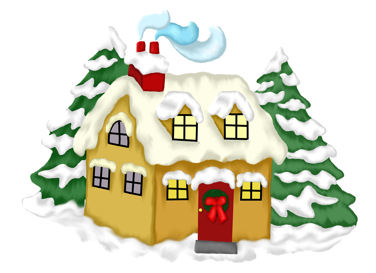 a house covered in snow with trees in the background, a digital rendering, naive art, without background, --n 6, santa, so cute