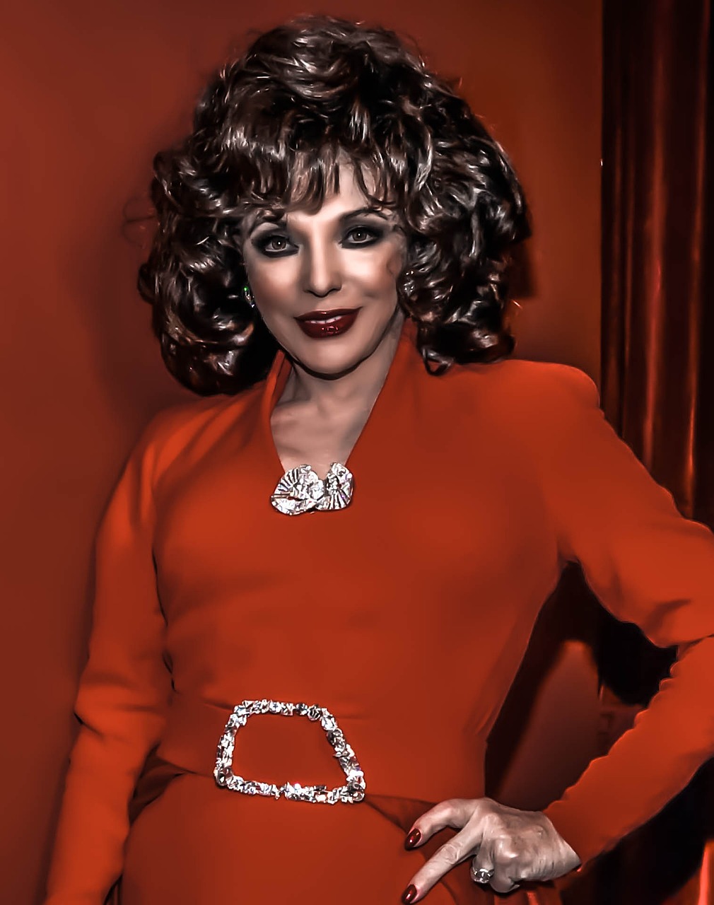 a woman in a red dress posing for a picture, a colorized photo, inspired by Myra Landau, ru paul\'s drag race, [ digital art ]!!, kylie minogue, elizabeth taylor
