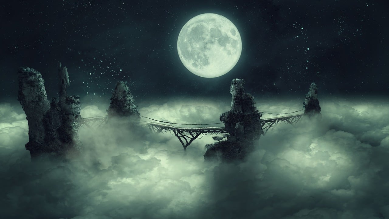 a man sitting on a bridge in the clouds with a full moon in the background, pexels contest winner, fantasy art, soaring towers and bridges, wraiths riding in the sky, space station on the moon, fairyland bridge