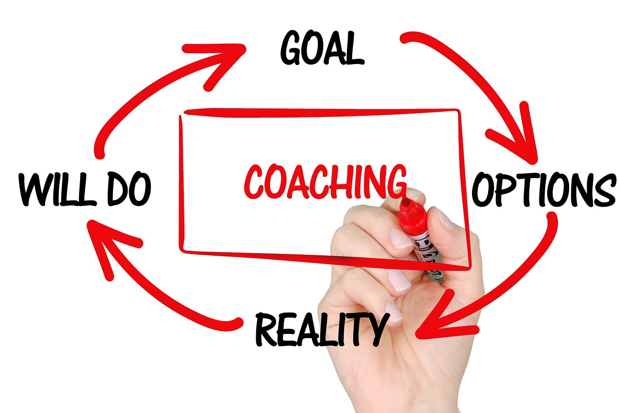 a hand writing the words coaching, reality and goal, a diagram, by Mirko Rački, pixabay, hyper detailed!!, circular, easel, operation