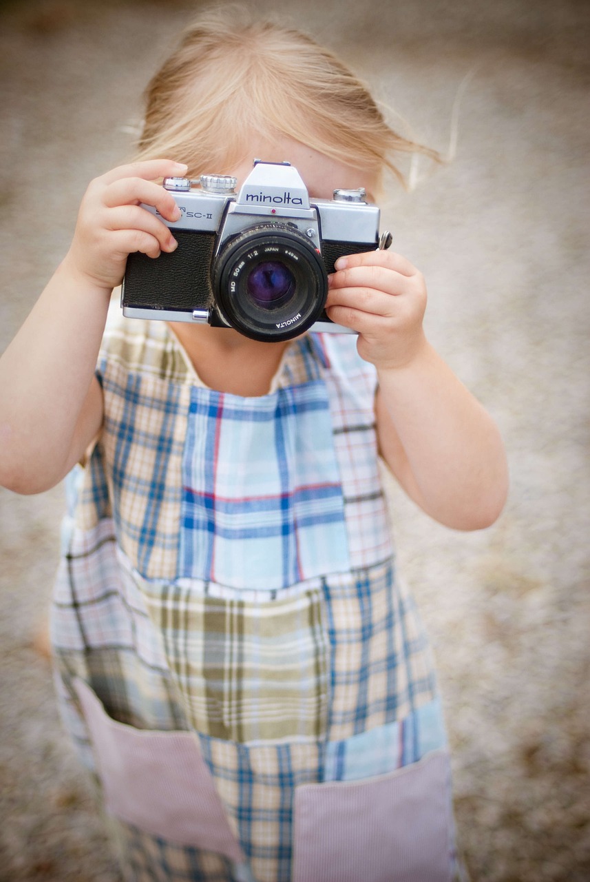 a little girl taking a picture with a camera, inspired by Vivian Maier, blue checkerboard dress, vintage muted colors, squares, tutorial