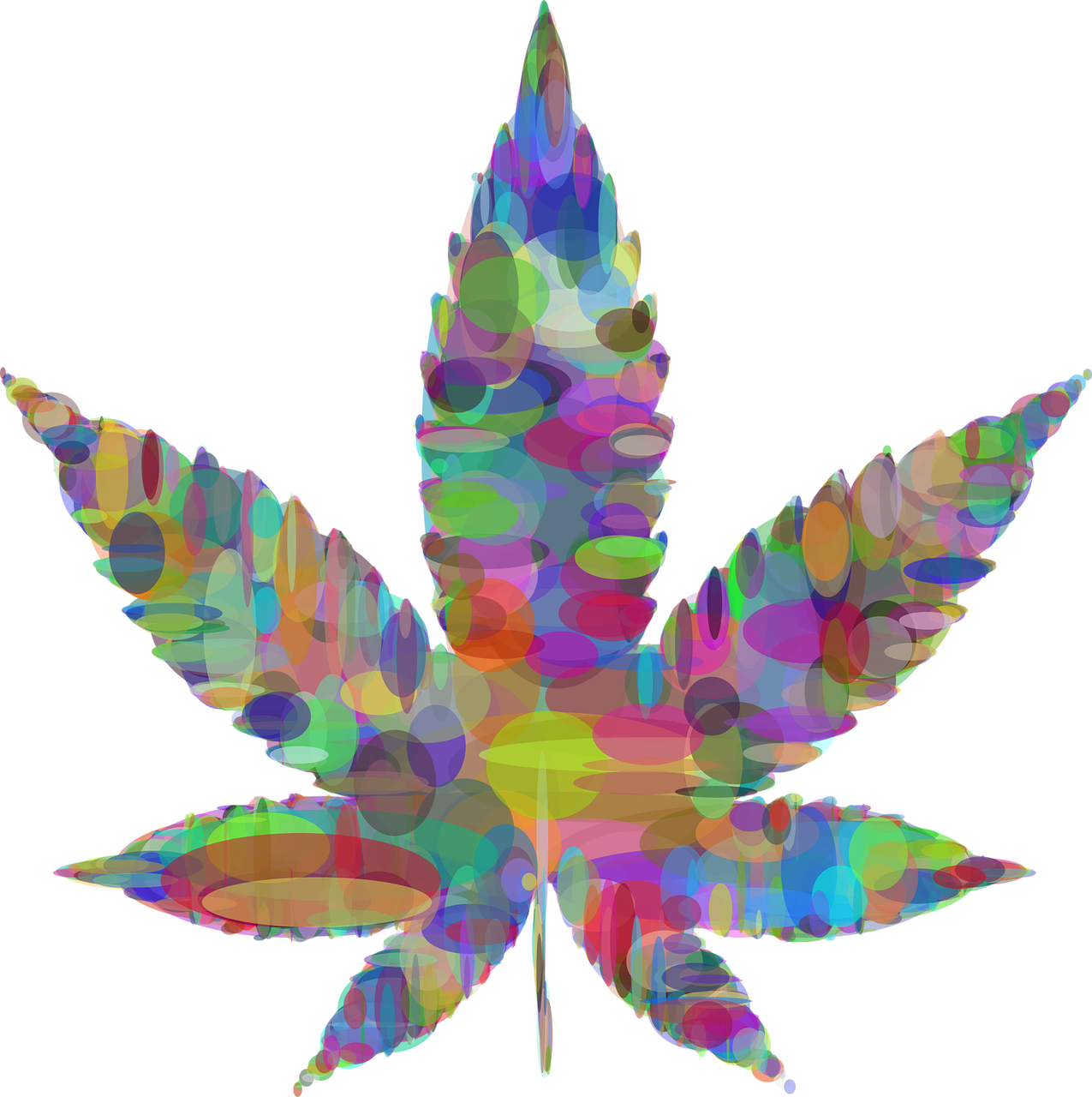 a multicolored marijuana leaf on a black background, psychedelic art, rorsach path traced, transparent holographic being, color splotches, buds