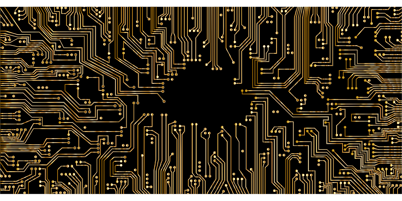 a close up of an electronic circuit board, shutterstock, computer art, on a flat color black background, gold and black color scheme, vector trace, isolated background