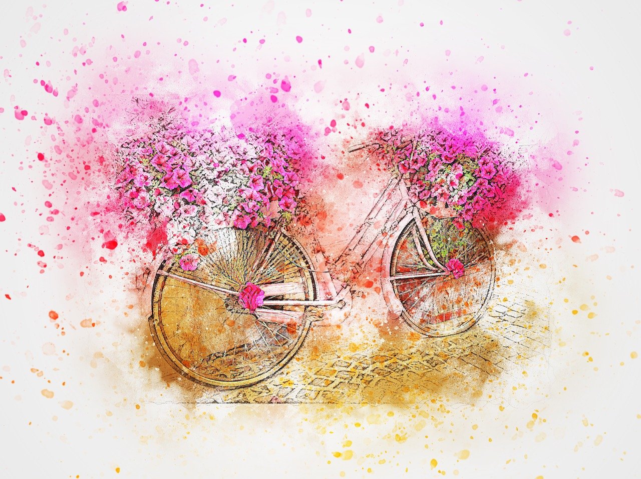 a painting of a bicycle with flowers in the basket, a watercolor painting, modern european ink painting, digital painting style, flowers exploding and spraying, verbena, photoshop brush