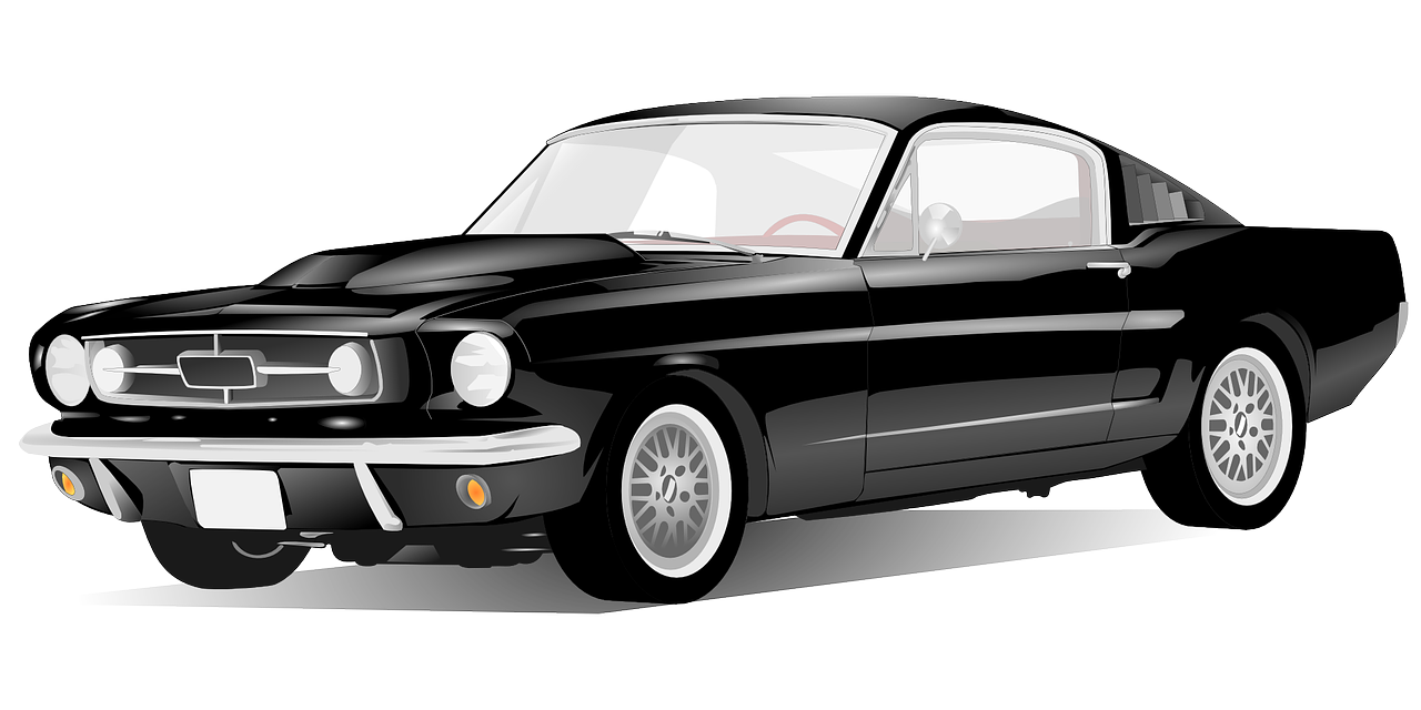 a black classic car on a white background, vector art, by Tom Carapic, trending on pixabay, digital art, mustang, transparent black windshield, miniature of a sports car, commissioned