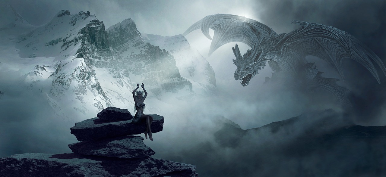 a man standing on top of a rock next to a dragon, inspired by Franz Sedlacek, fantasy art, fantasy woman, on an icy throne, elven spirit meditating in space, fantasy photography