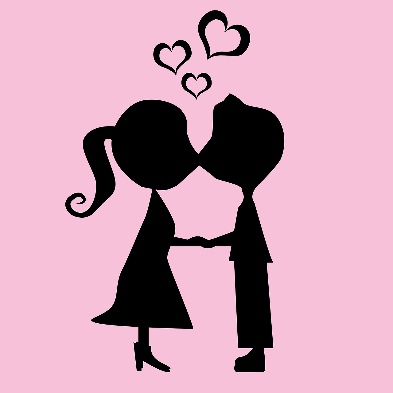 a couple kissing each other with hearts above them, a cartoon, pixabay, romanticism, pink and black, full body close-up shot, !!! very coherent!!! vector art, monochrome