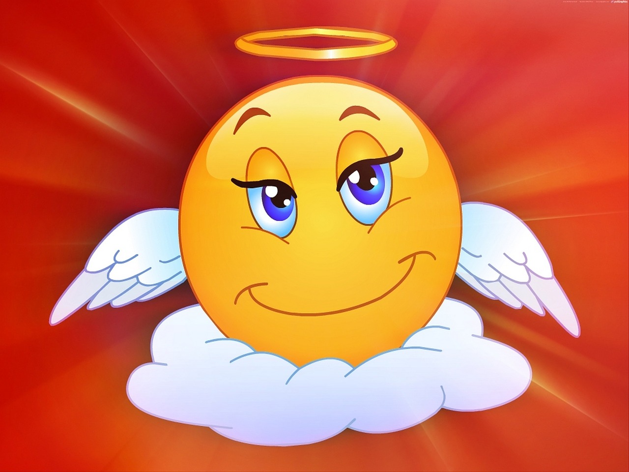 a smiley face with angel wings on a red background, digital art, sunny sky light, from family guy, orange head, animated still