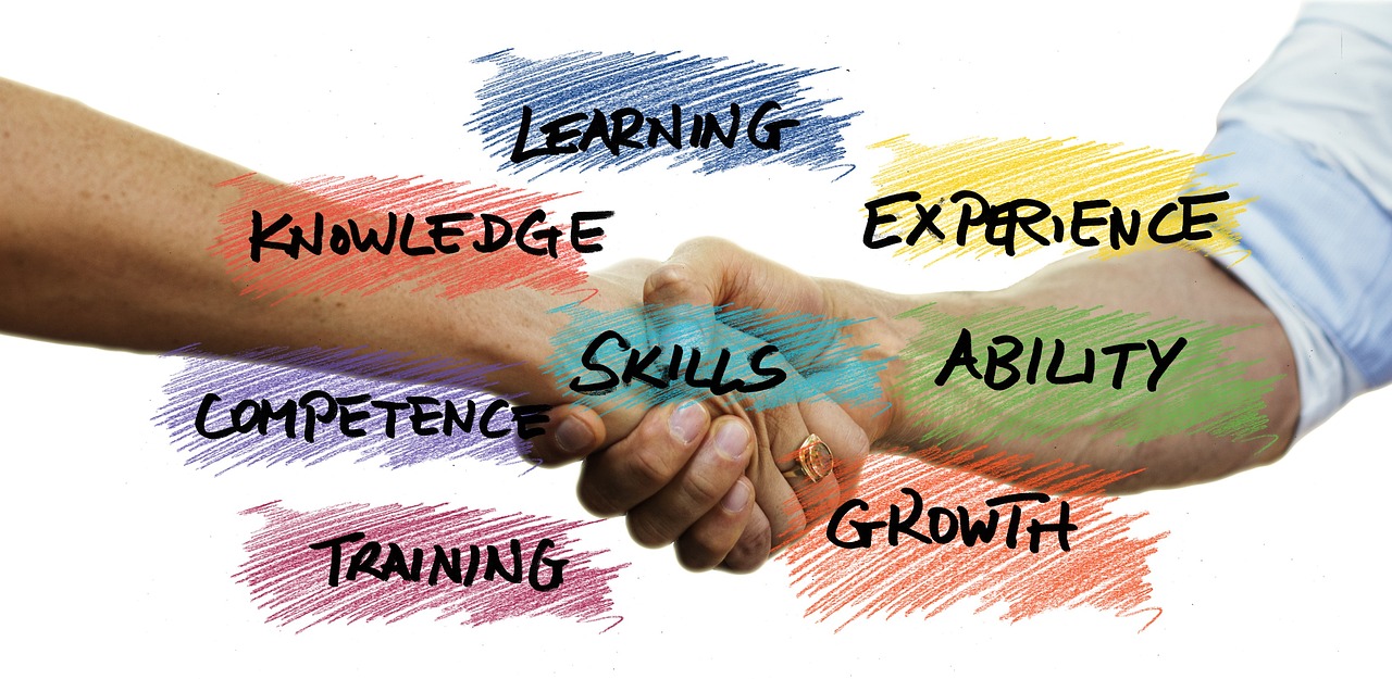 two people shaking hands with the words learning, knowledge, experience, skills, ability, training, and growth, by Mirko Rački, trending on pixabay, renaissance, multi colour, fisting, smudges, infographic