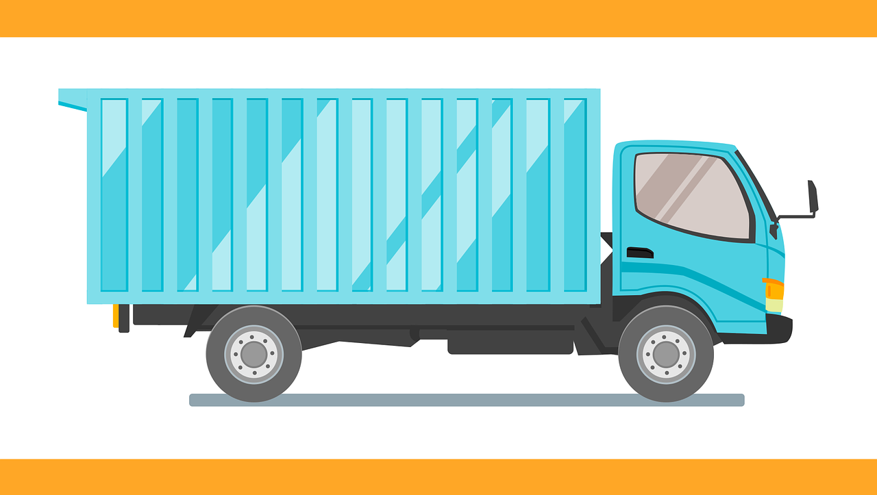 a blue garbage truck on a white background, by Matthew Smith, shutterstock, modernism, teal and orange color scheme, shipping containers, whole page illustration, frame