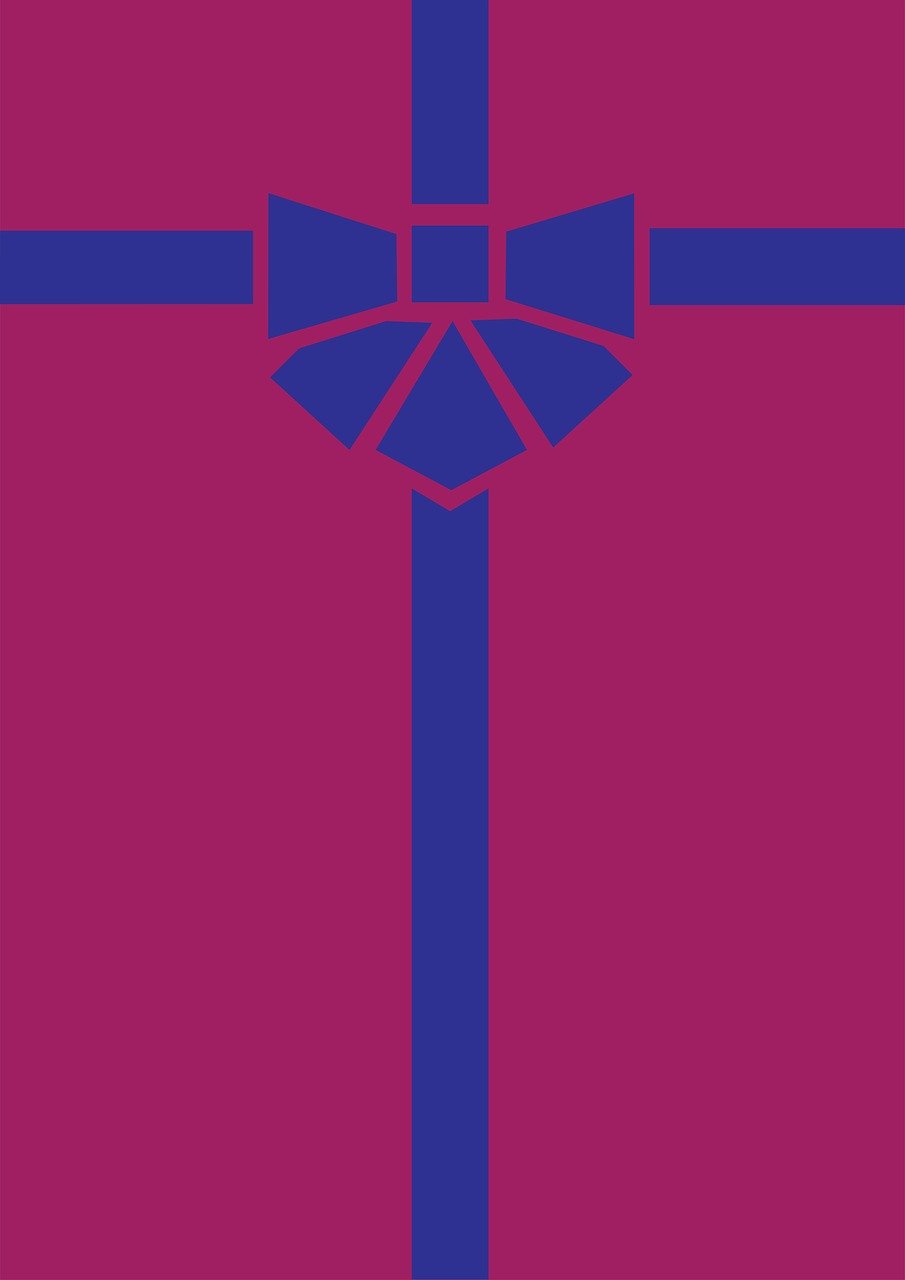 a purple and blue cross with a red background, inspired by Shūbun Tenshō, behance contest winner, sōsaku hanga, thick bow, 1128x191 resolution, bright uniform background, birthday wrapped presents