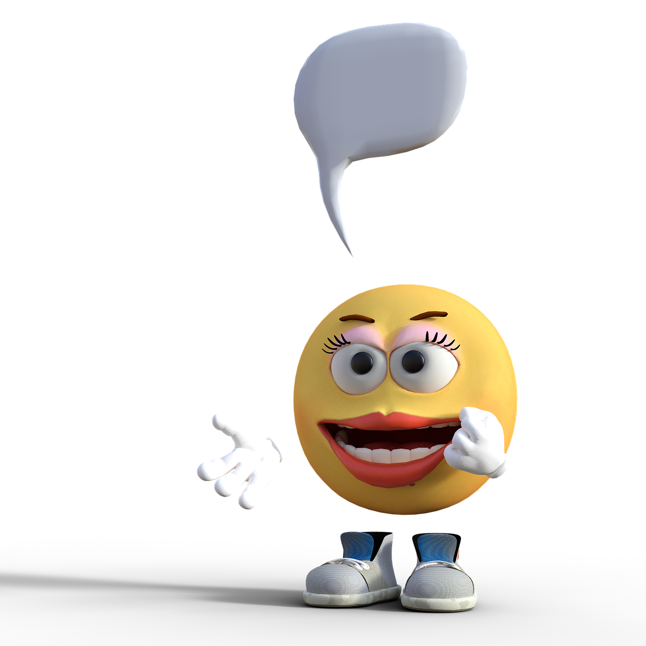 a close up of a smiley face with a speech bubble, a cartoon, digital art, 3d character model, on a black background, full body close-up shot, talking