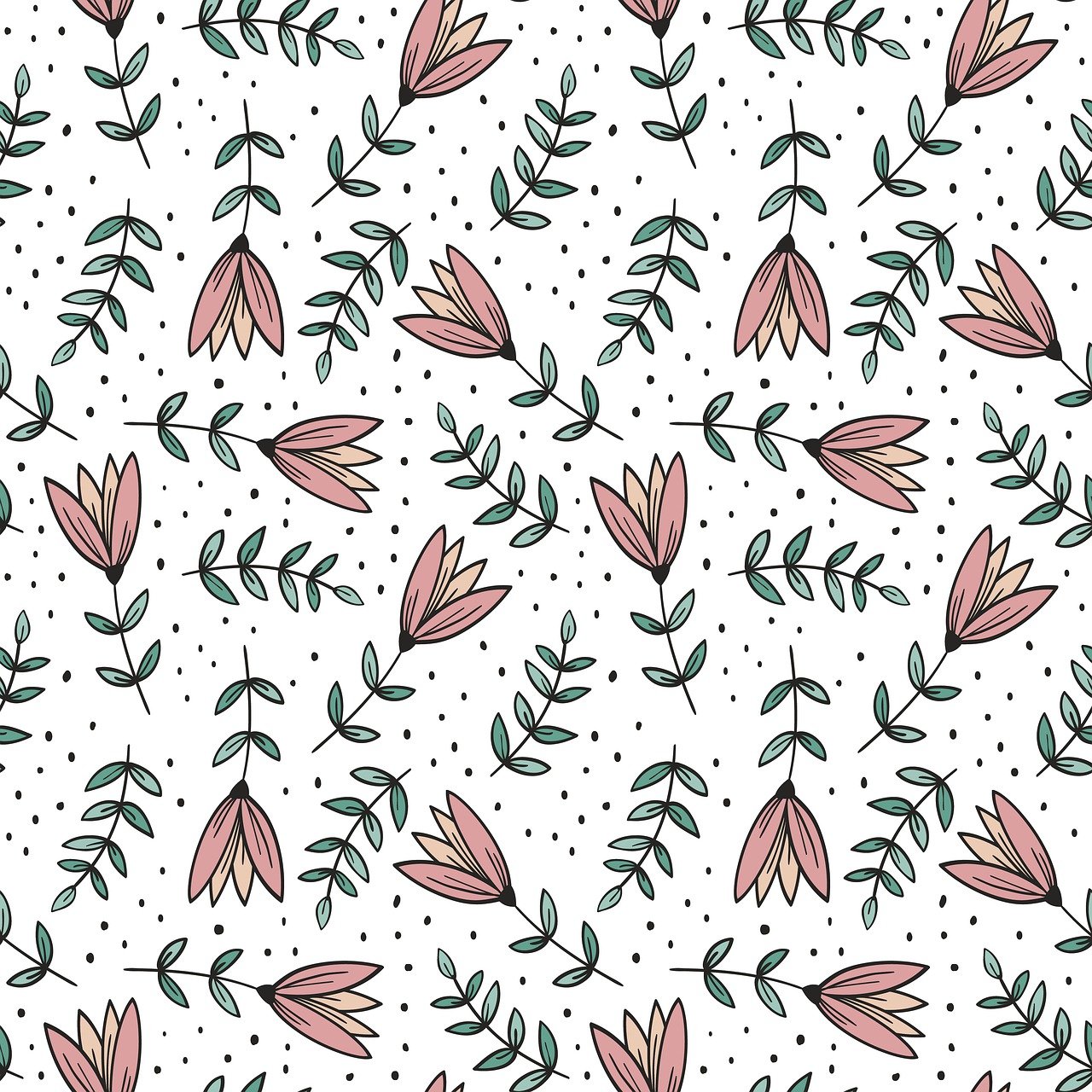 a pattern of pink flowers on a white background, inspired by Jaakko Mattila, flat linework, tulips, cottagecore hippie, drawn with dots