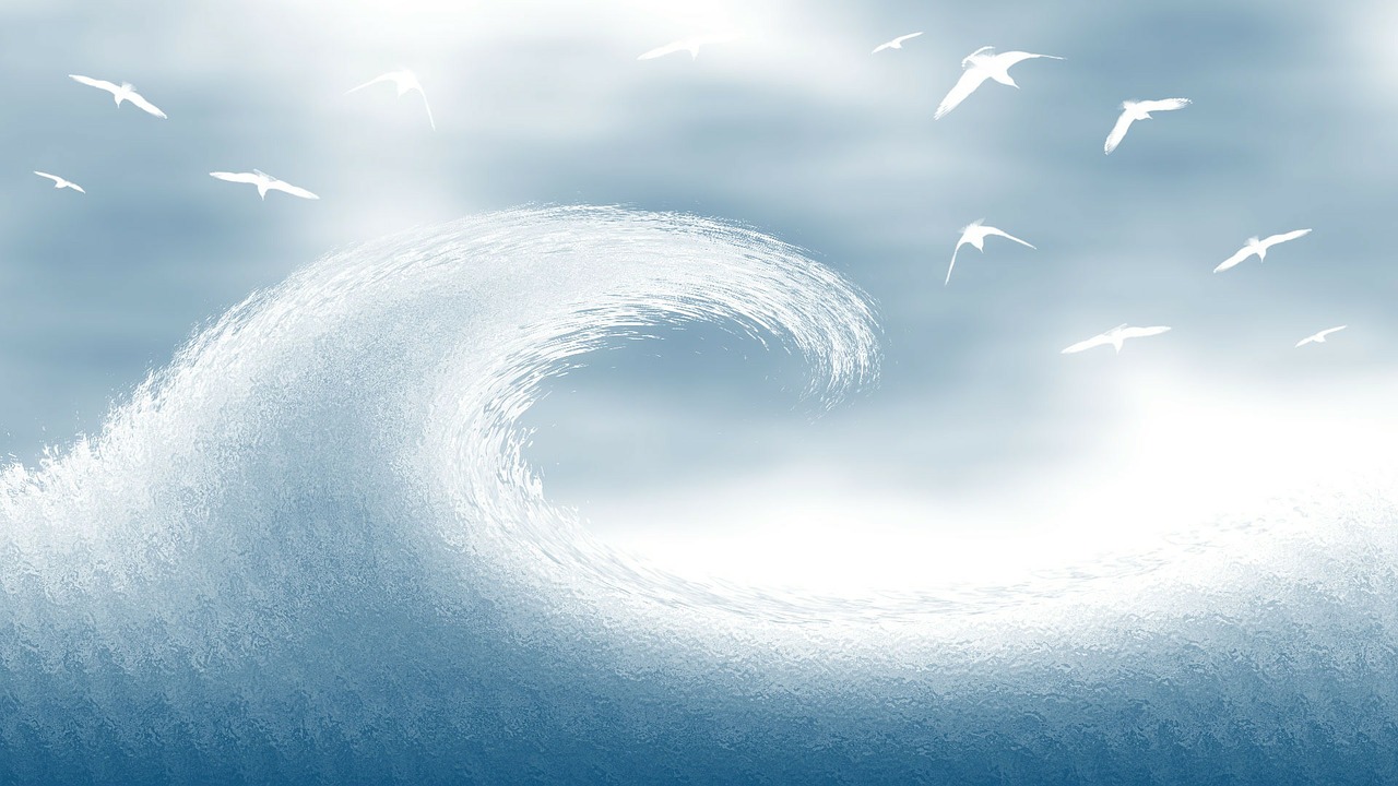 a group of birds flying over a large wave, a picture, minimalism, background image, white wings, wallpaper - 1 0 2 4, swirl