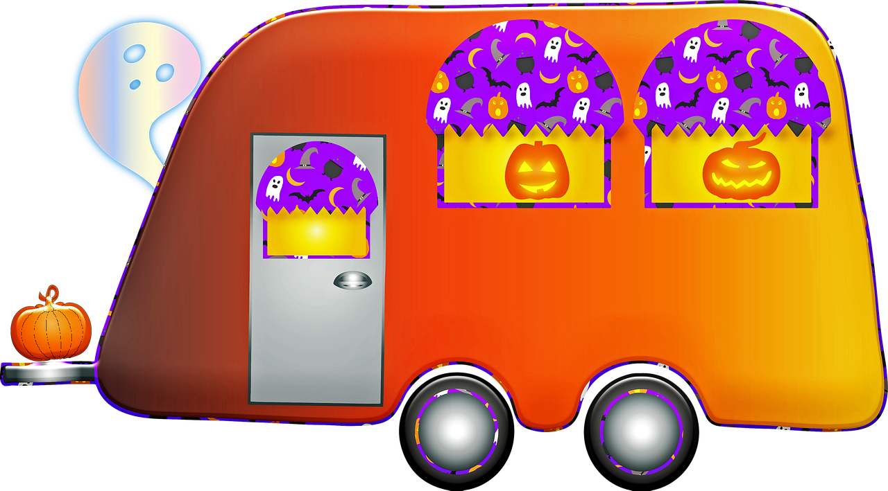 an orange and purple camper with halloween decorations, a digital rendering, pop art, hd screenshot, toddler, colorful picture, spooky halloween theme